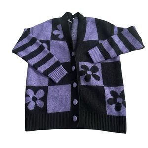 Zara Checker Flower Jacquard Oversized Cardigan Knit Sweater Womens Small